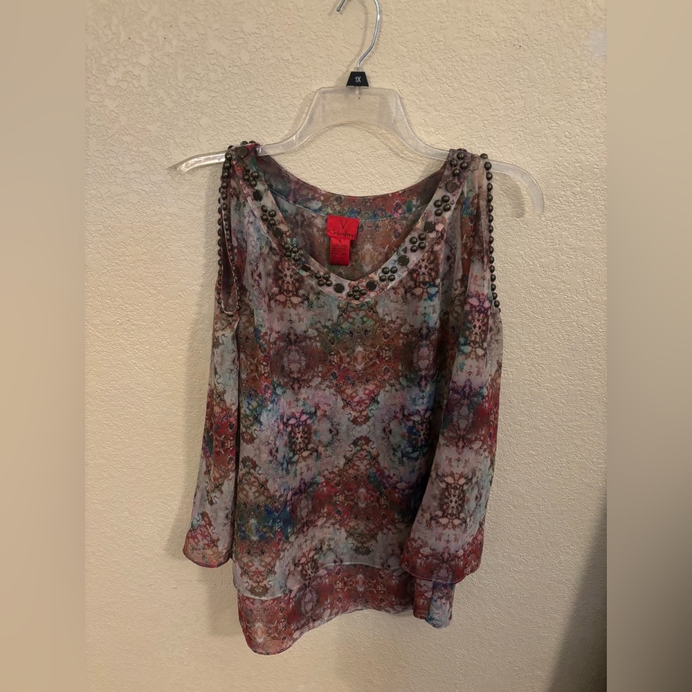 V Cristina Multicolor Boho Cold Shoulder Embellished Tunic Blouse, Sz M